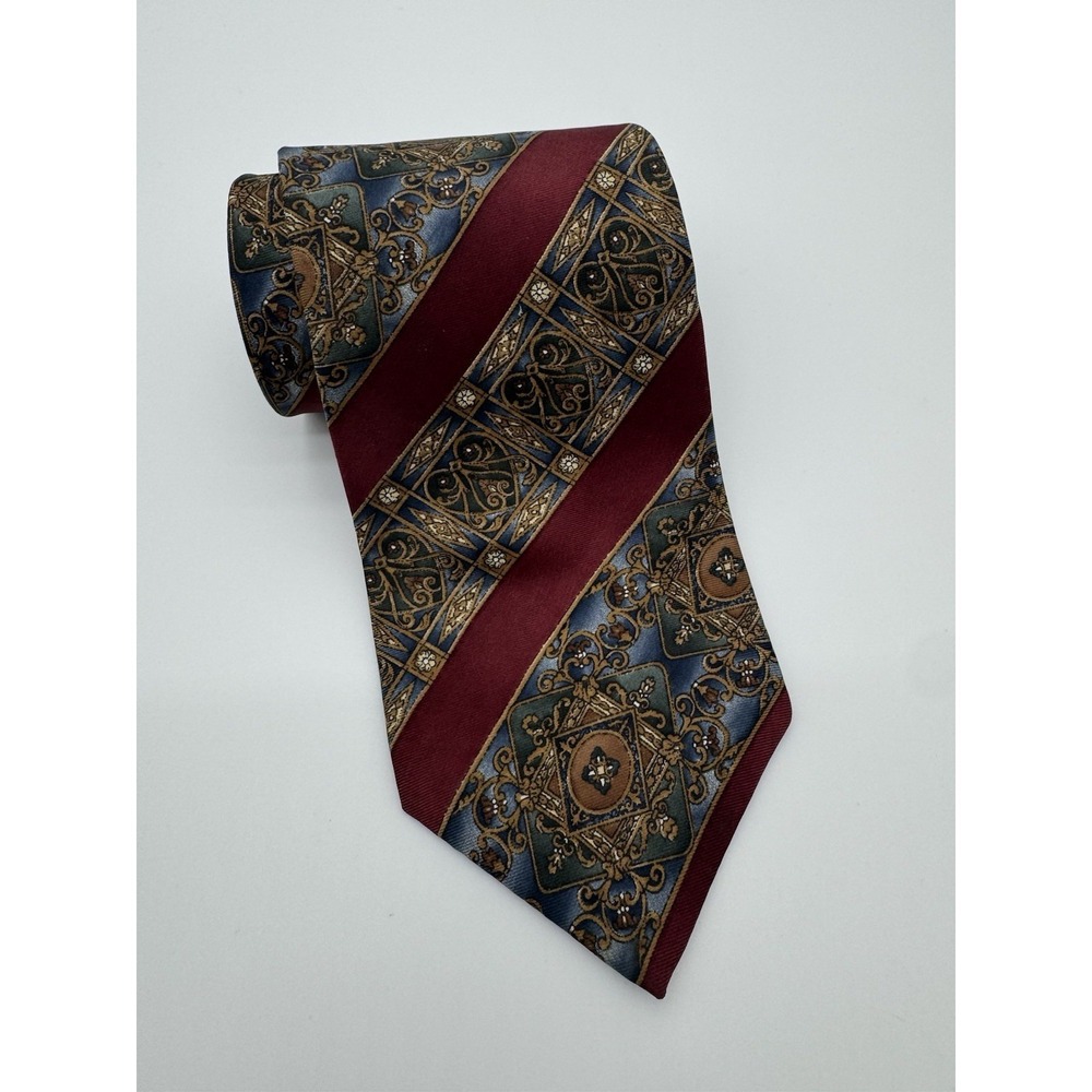 Bill Blass Silk Tie Red Blue Gold Geometric Baroque Medallion Classic Necktie